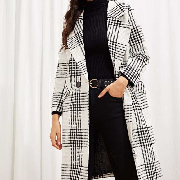 SHEIN Jackets & Blazers - Black and White Plaid Button Up Coat